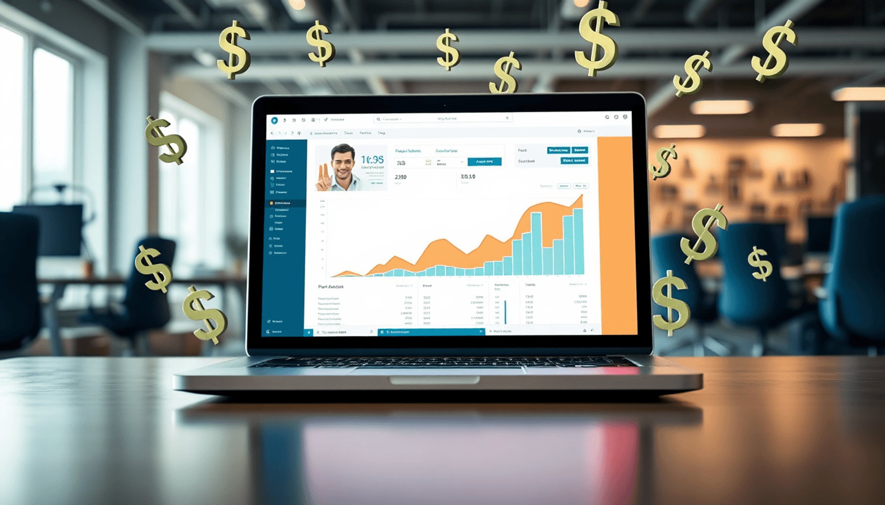 A laptop displaying PPC analytics surrounded by keywords and dollar signs, set in a modern office with a bright and engaging atmosphere.