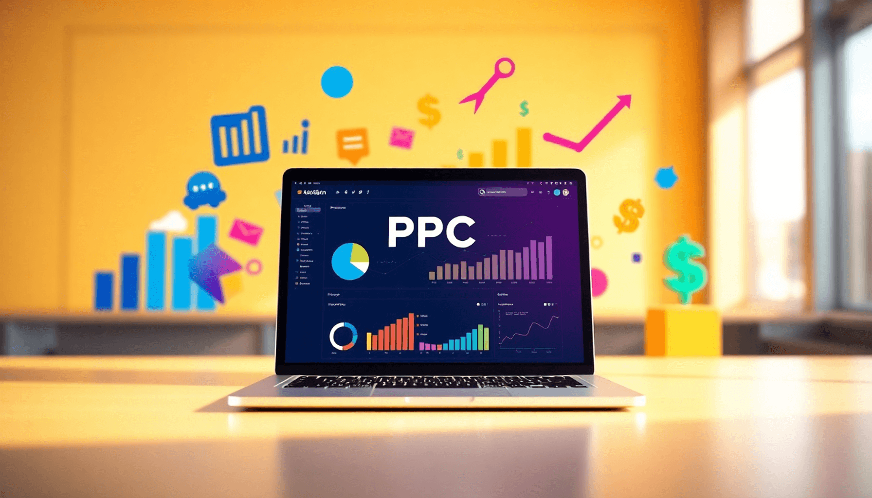 A laptop displaying a PPC advertising dashboard, surrounded by graphs, charts, and dollar signs on a bright, modern background, symbolizing success...