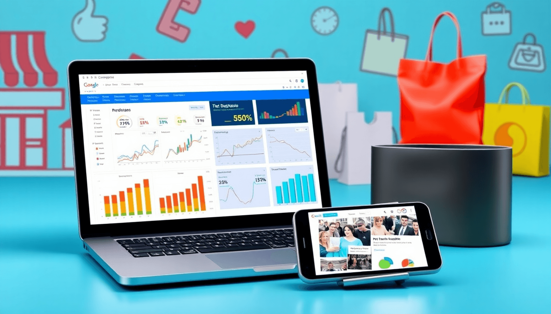 A laptop displaying a PPC dashboard surrounded by colorful graphs and charts, with a smartphone showing an ad campaign, set against a backdrop of l...