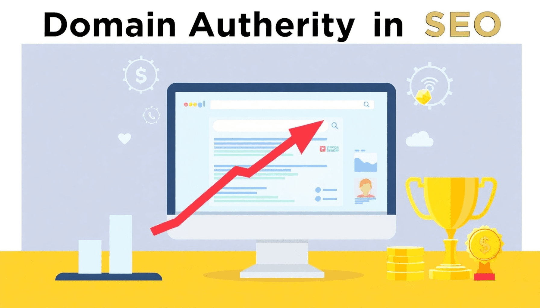 A vibrant graphic illustrating Domain Authority in SEO, featuring a rising digital graph, a computer screen with search results, and symbols of aut...