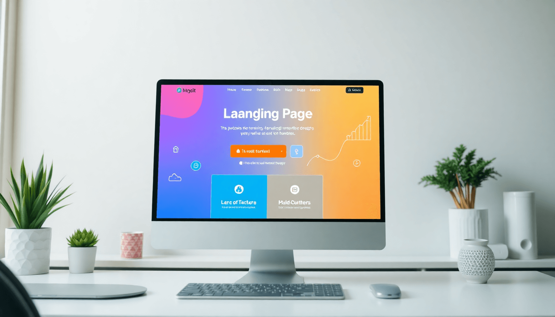 A computer screen shows a vibrant landing page design with a clear call to action, concise text, analytics icons, and a modern workspace in the bac...