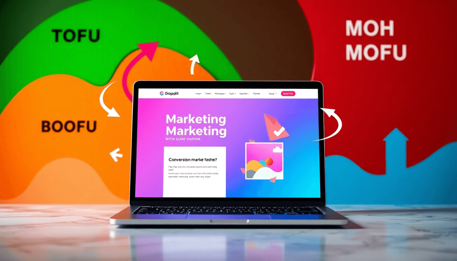 A laptop displaying a colorful landing page with arrows pointing to a call-to-action button, surrounded by abstract representations of the marketin...