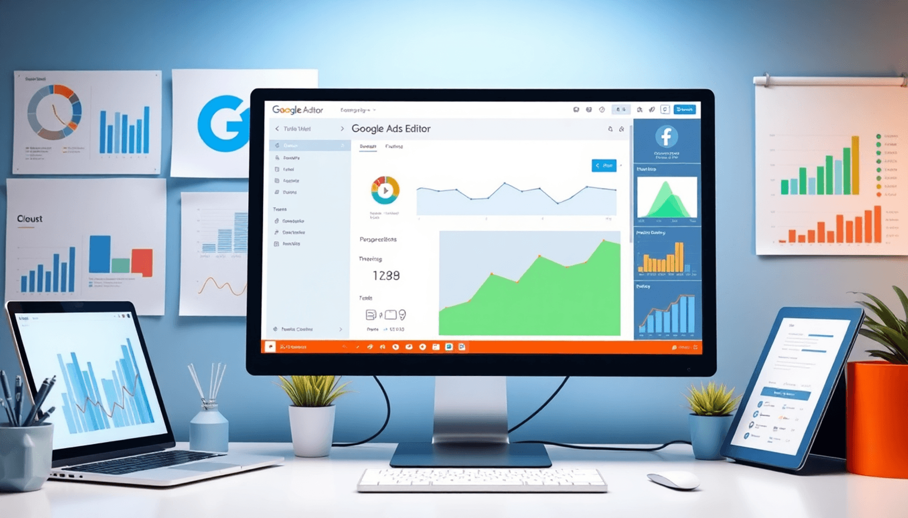 A modern workspace with a computer showing Google Ads Editor, surrounded by charts and graphs, reflecting productivity and organization in digital ...