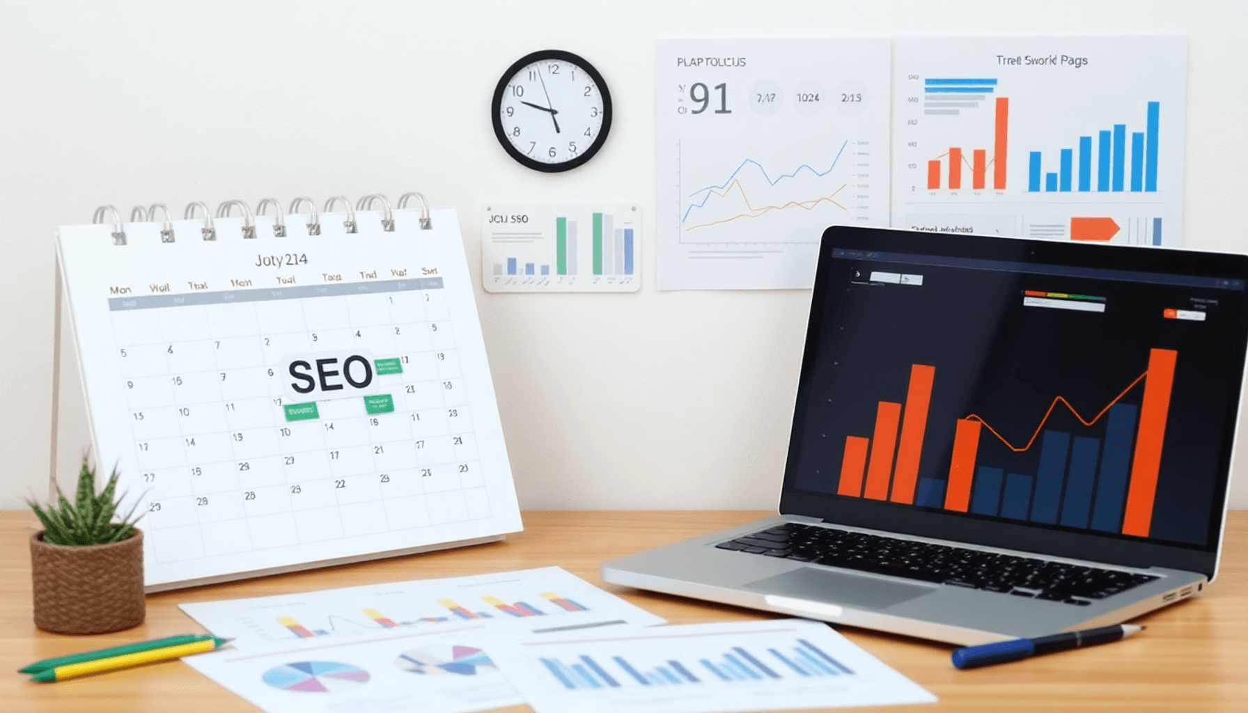 A tidy workspace featuring a calendar, laptop, and SEO tools like graphs and analytics charts, conveying a productive environment for digital marke...