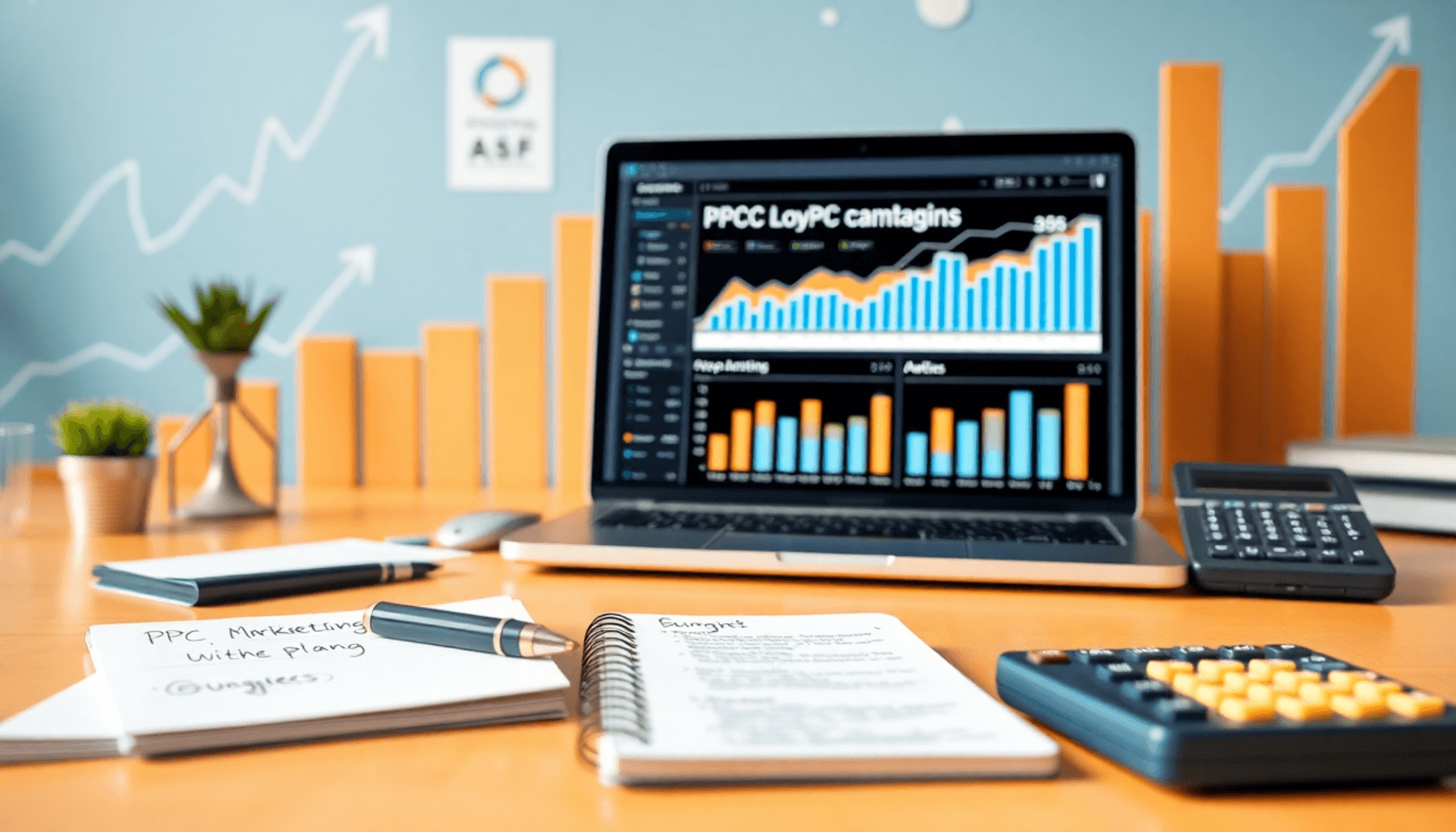 A vibrant digital marketing workspace with a laptop showing PPC analytics, a notepad for budgeting, a calculator, and colorful graphs symbolizing g...