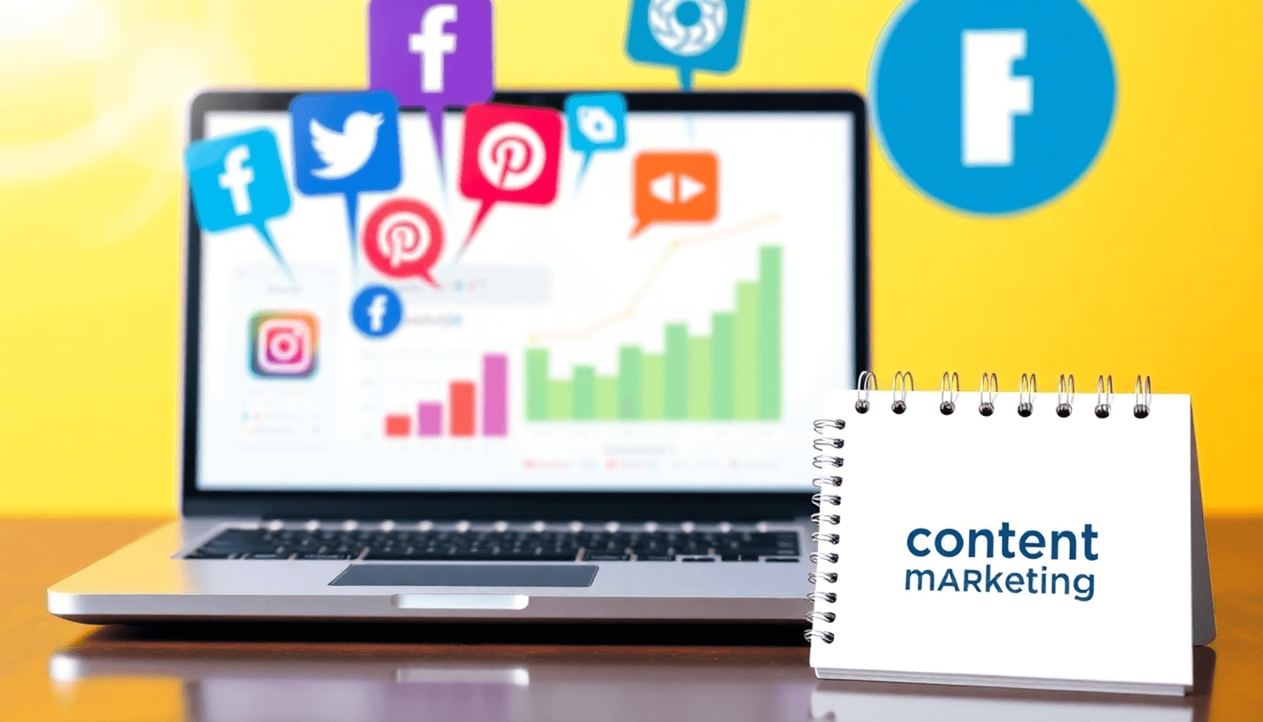 A bright image featuring social media icons, a laptop with analytics, and a branded notepad, all arranged to convey clarity and organization in dig...