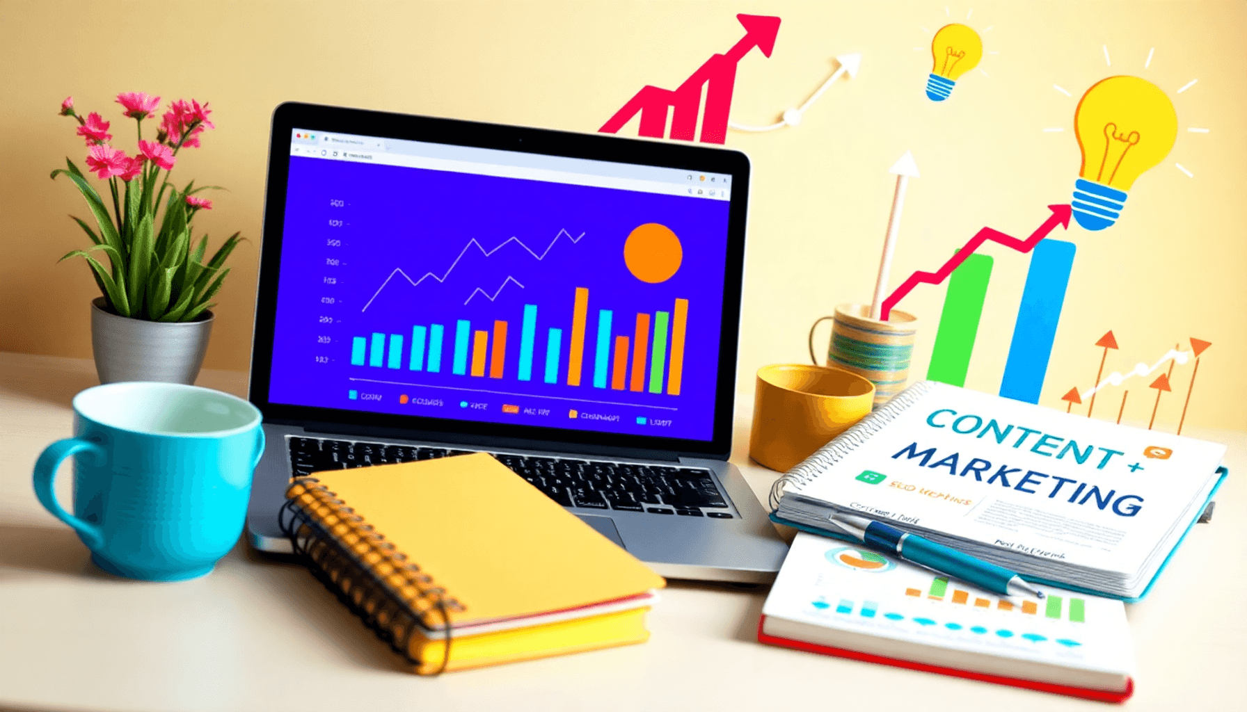 A digital marketing workspace featuring a laptop with analytics charts, a notebook of SEO keywords, colorful graphics, and symbols of growth like a...