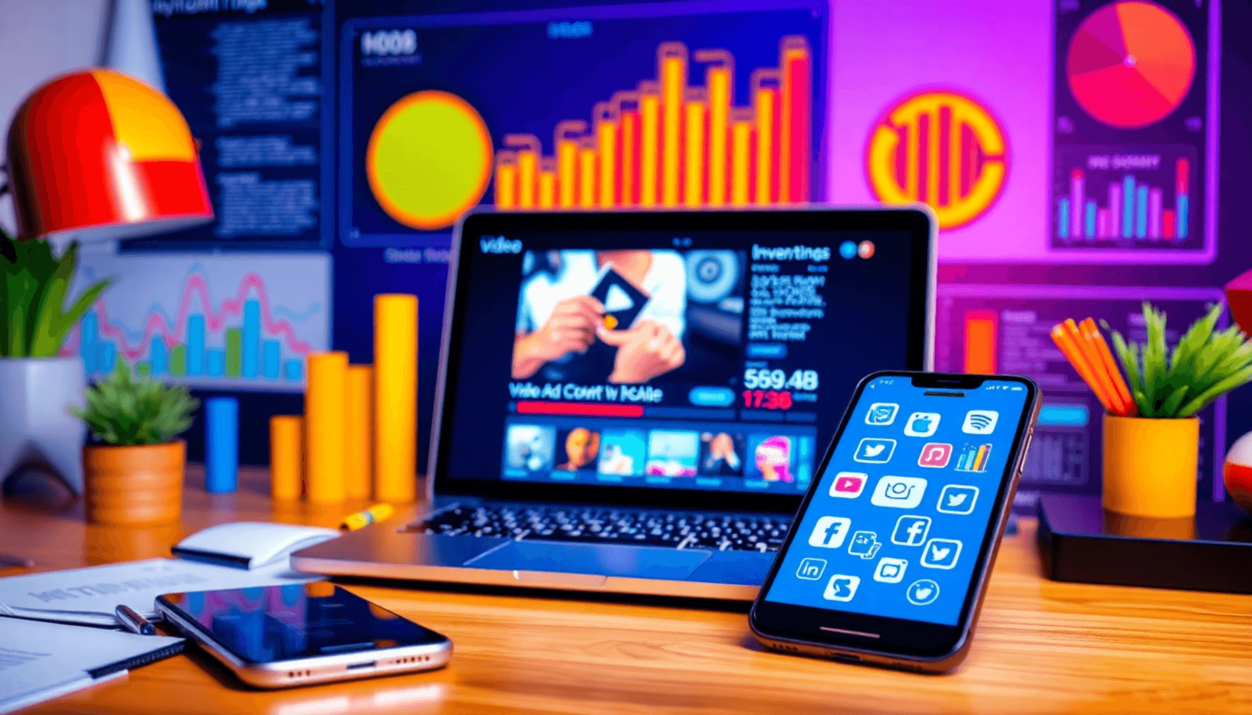 A digital marketing workspace with a laptop showing a video ad campaign, colorful charts and graphs, and a smartphone displaying social media icons...