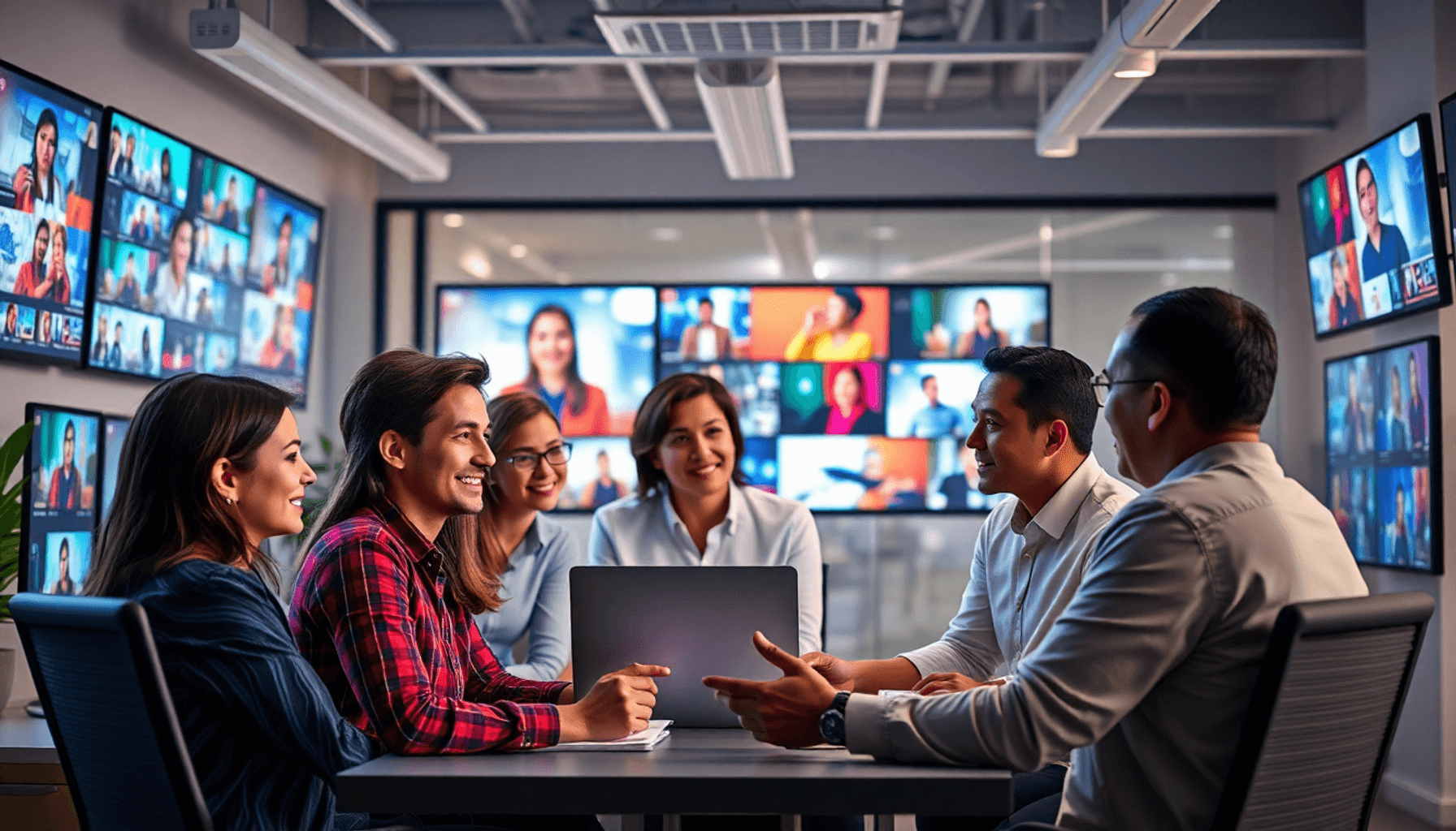 A diverse group of people collaborating in a modern office, surrounded by screens displaying video content, showcasing innovation and teamwork in d...