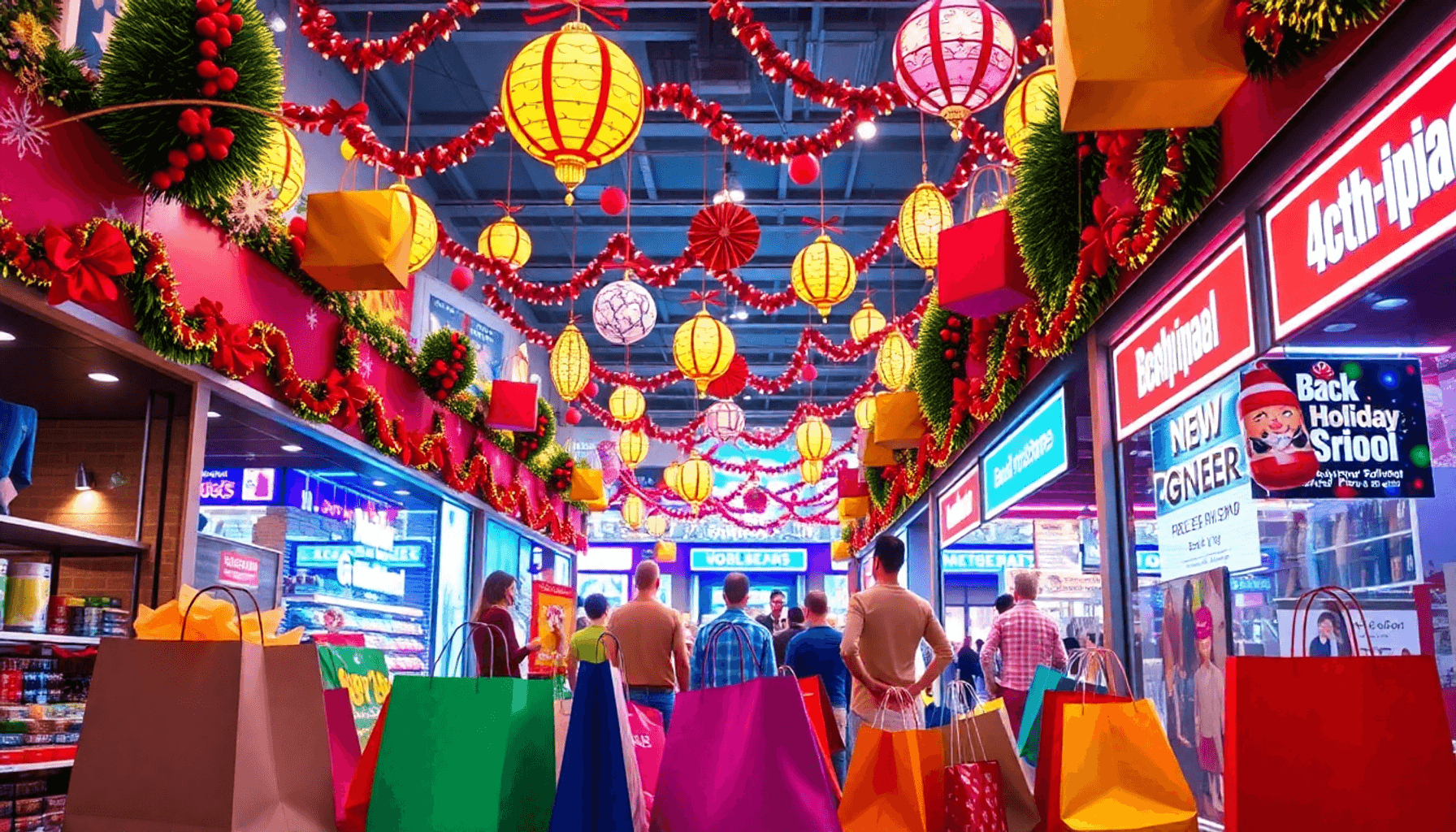 A lively holiday shopping scene filled with colorful decorations, shopping bags, and promotional signs, creating an atmosphere of excitement and ur...