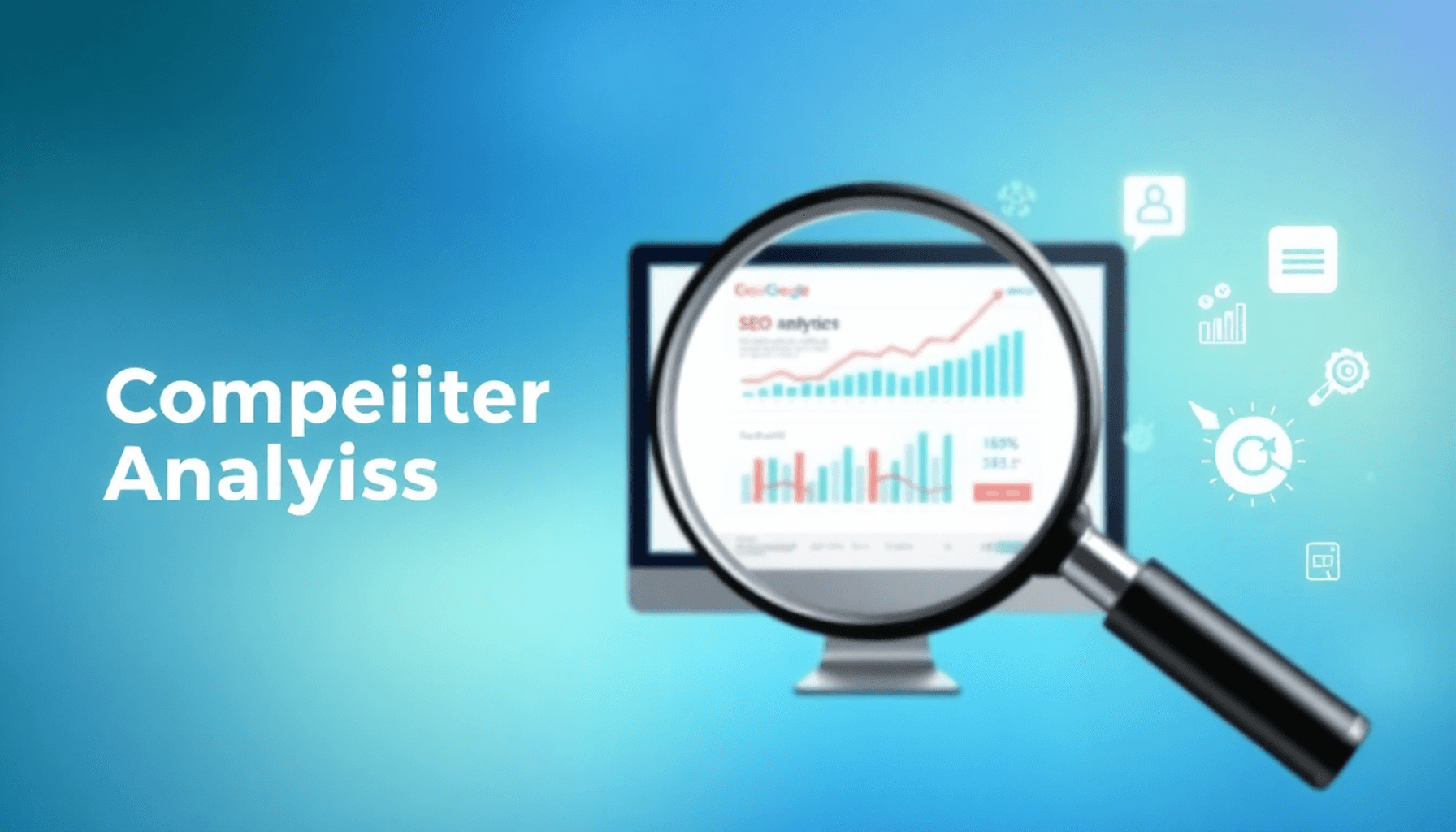 A magnifying glass on a computer screen shows SEO analytics graphs and competitor websites, set against a blue-green gradient background with abstr...