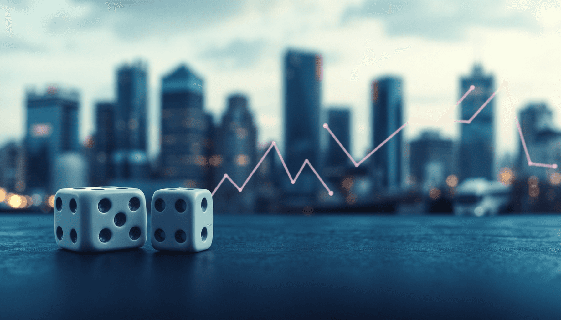 A modern business scene featuring abstract symbols like dice and a fluctuating graph, set against a blurred city skyline, conveying uncertainty and...