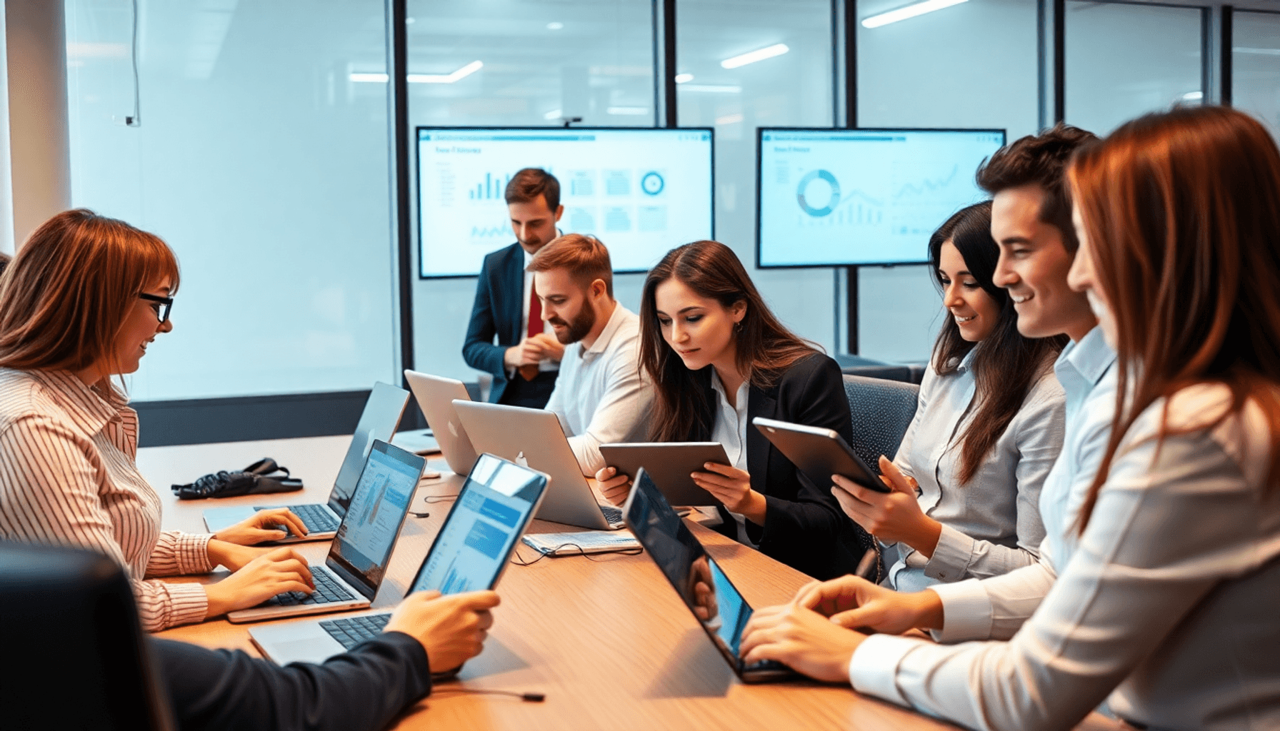 Accountants working in a modern office with laptops and tablets displaying charts and tax documents, illustrating digital tax compliance and MTD in...