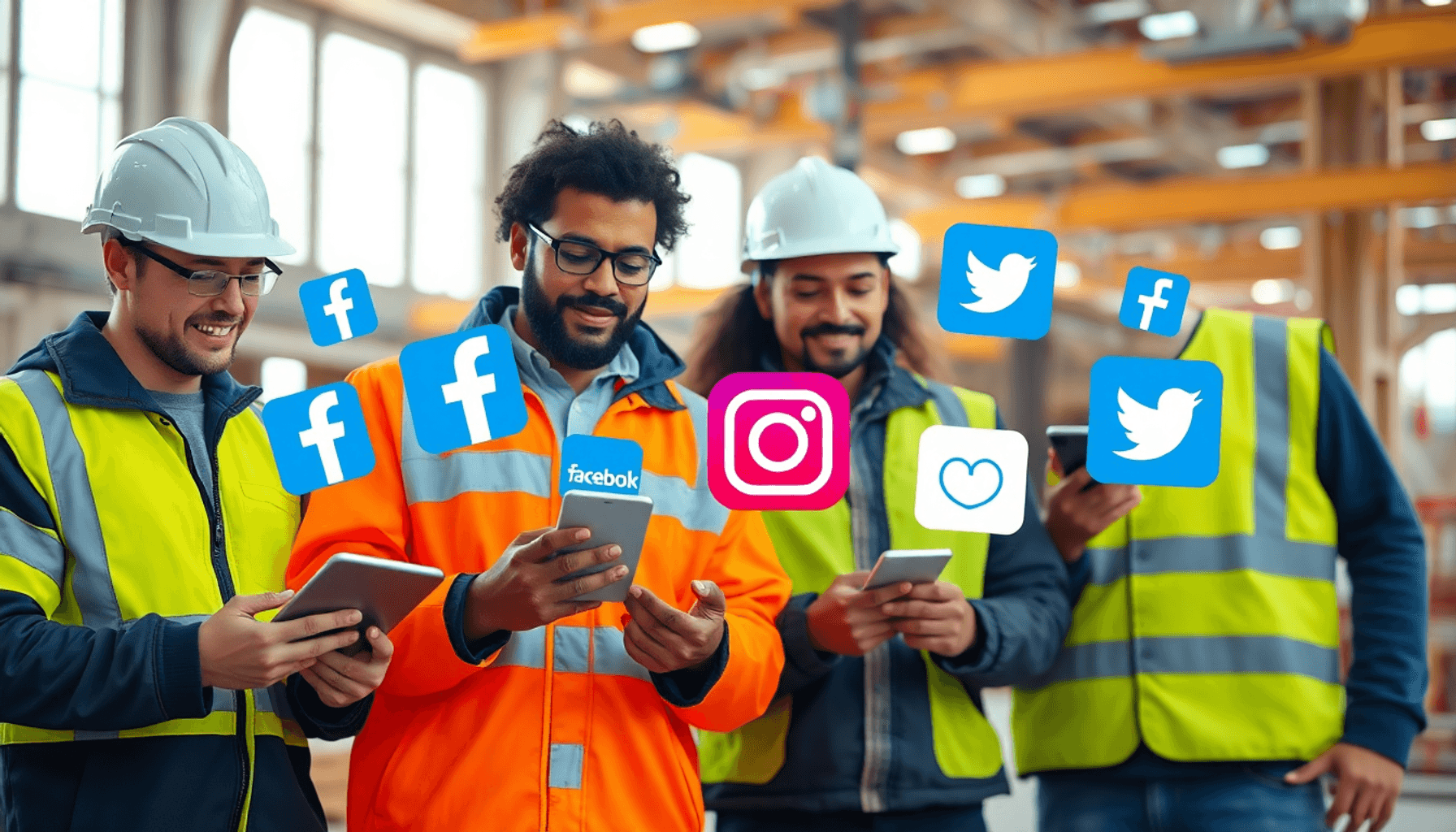 Construction workers on site using tablets and smartphones, surrounded by social media icons, representing digital marketing in the UK construction...