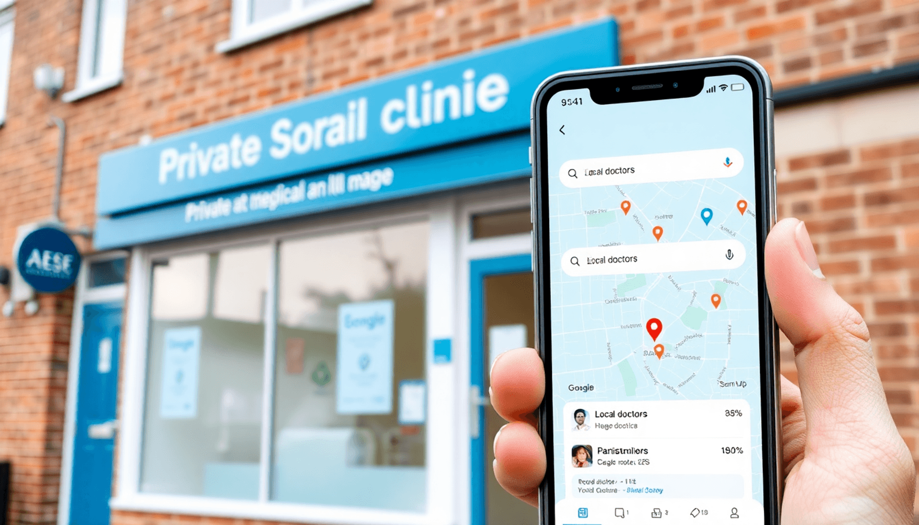 Exterior of a modern UK medical clinic with clear signage, digital map showing location pins, and smartphone displaying a Google search for local d...