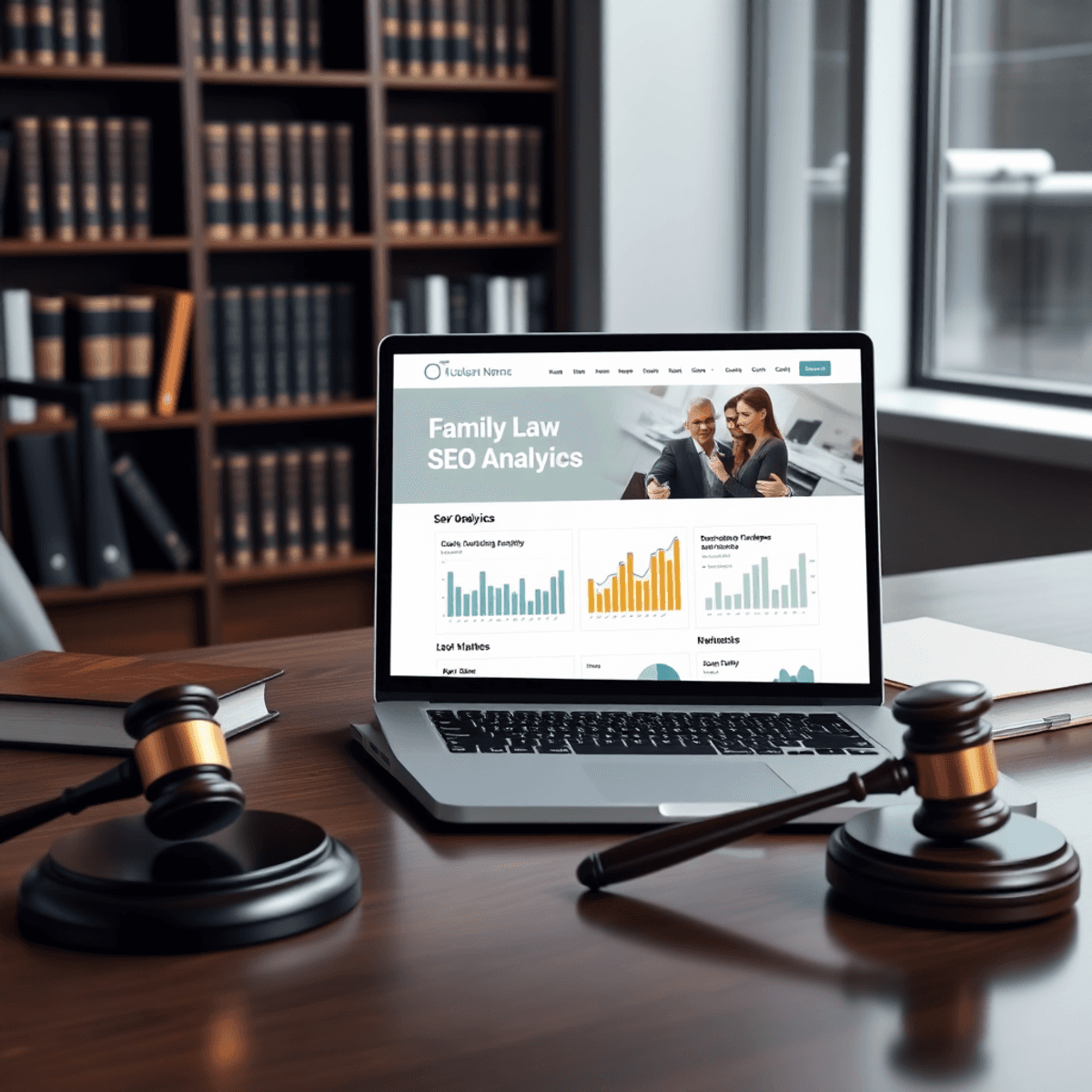 Modern office scene with a laptop showing family law SEO graphs, legal books, and a gavel on a desk, symbolizing law and digital marketing.