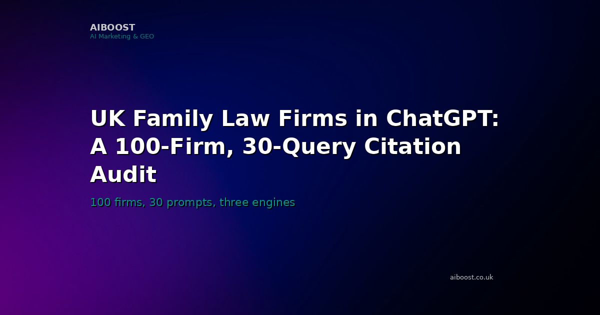 Title card for an AiBoost research report on UK family-law firm citations across ChatGPT, Perplexity and Gemini.