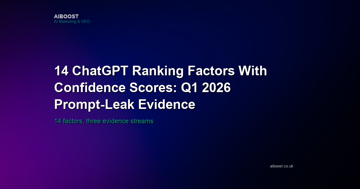 Title card for an AiBoost confidence-scored map of 14 candidate ChatGPT ranking factors, synthesised from prompt leaks, retrieval research and a UK behaviour test.