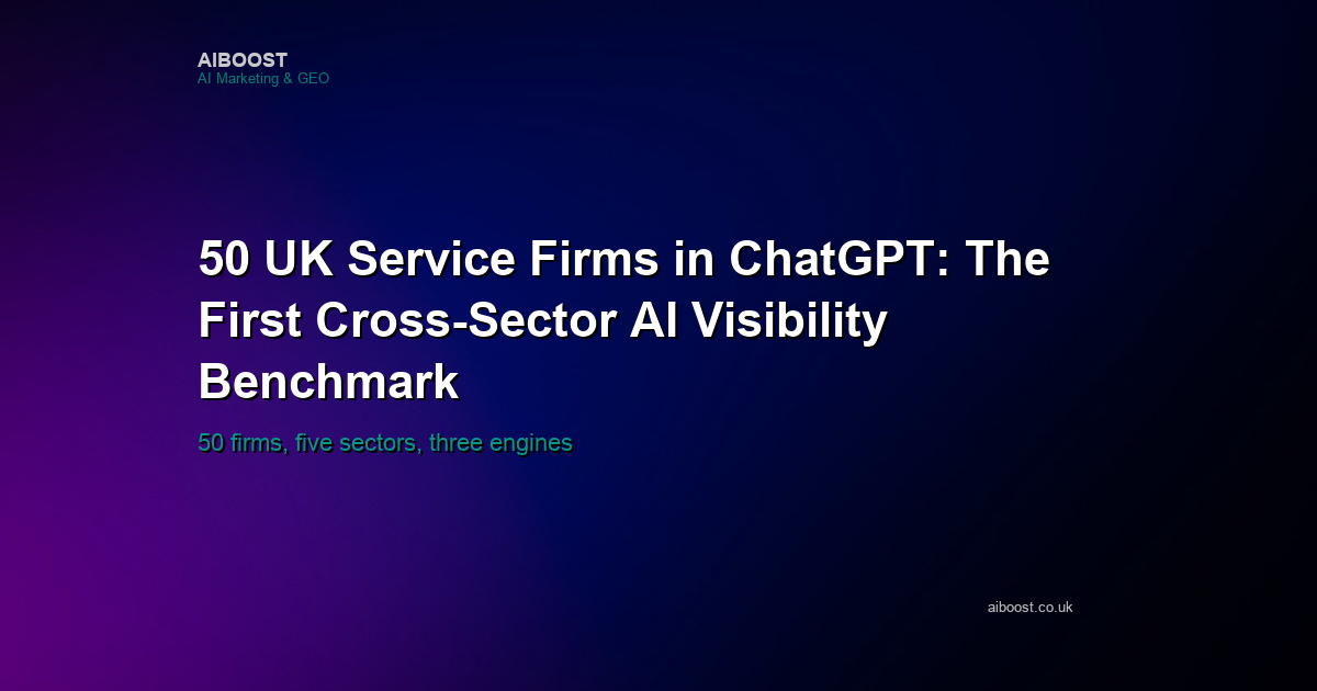 Title card for the AiBoost cross-sector AI visibility benchmark of 50 UK service firms across law, healthcare, accountancy, SaaS and construction.