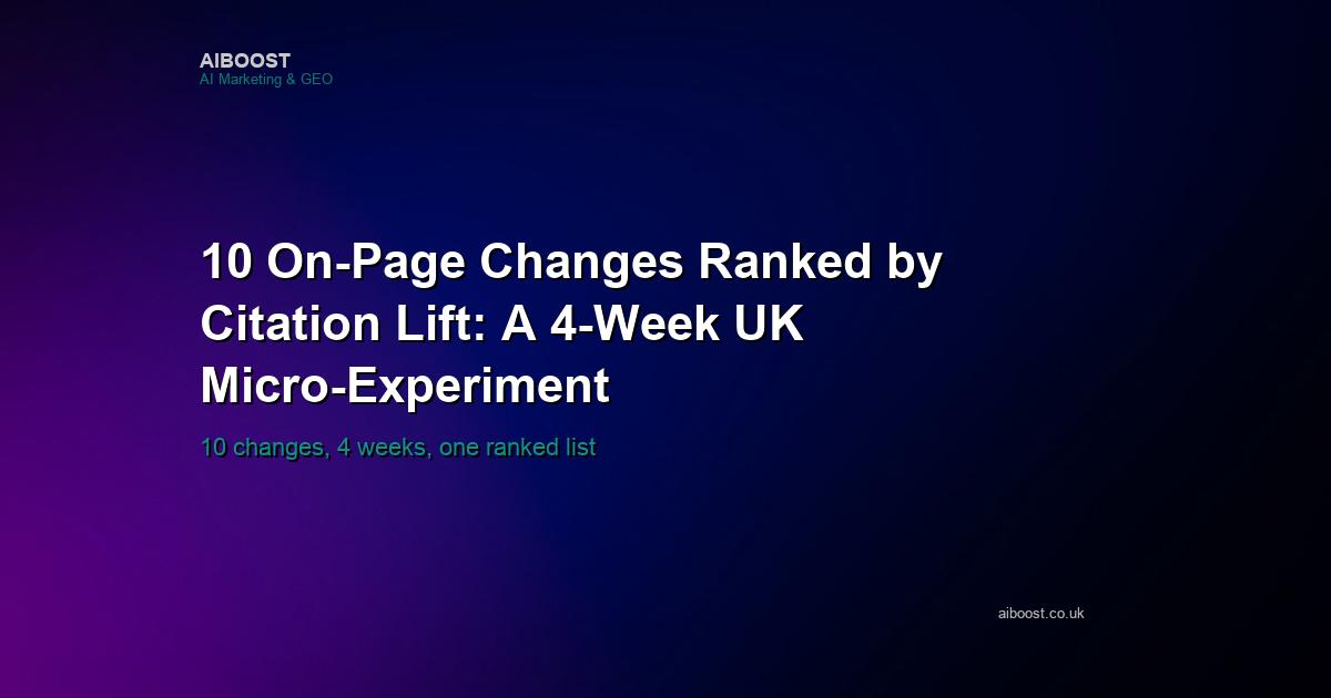 Title card for an AiBoost 10-page UK micro-experiment ranking on-page changes by 4-week citation rate lift.