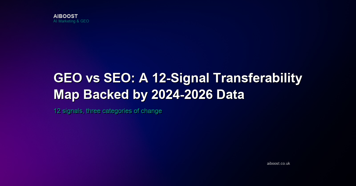 Title card for an AiBoost 12-signal transferability map between classic SEO and generative engine optimisation, drawing on 2024-2026 ranking-factor studies.