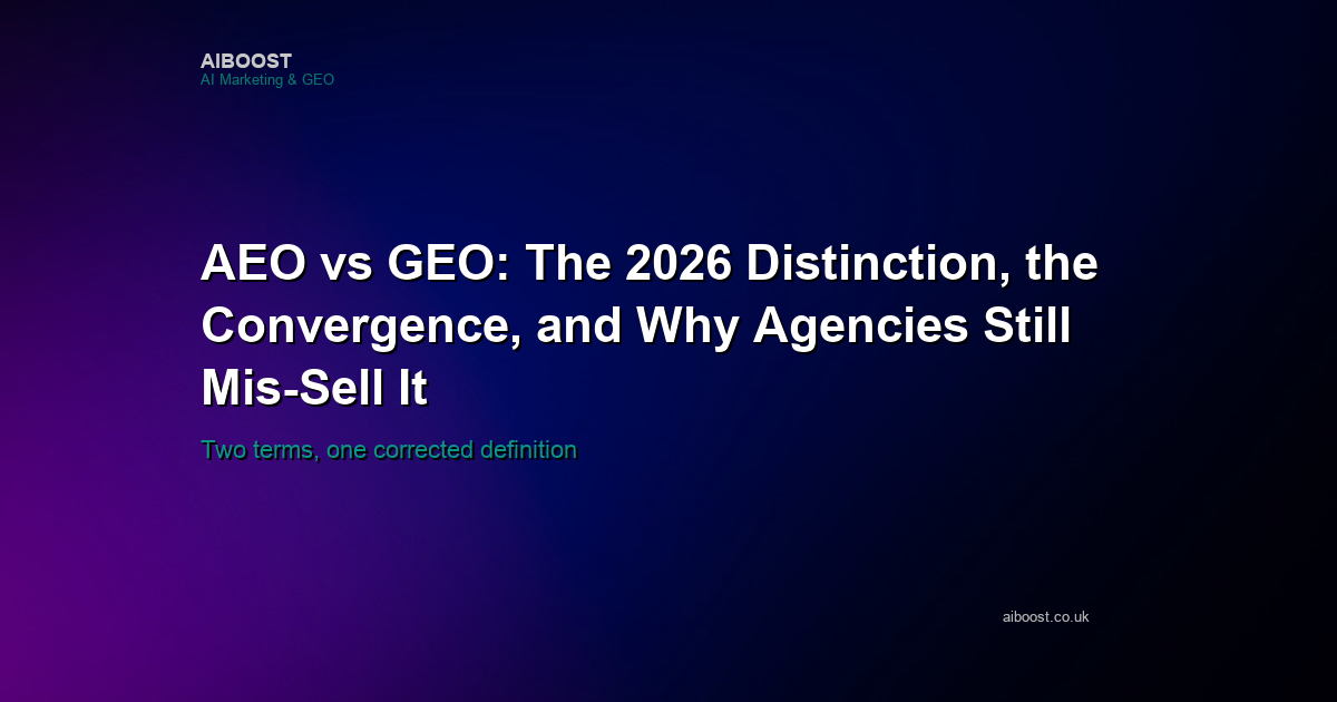 AEO versus GEO 2026 distinction explainer cover for AiBoost