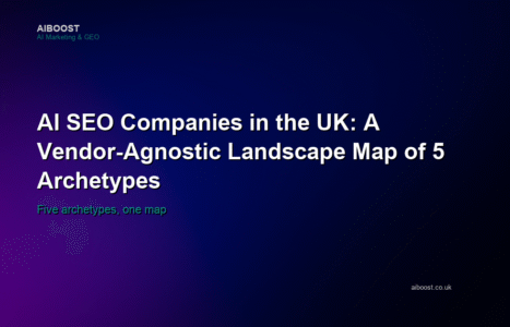 UK AI SEO companies landscape map cover showing five vendor archetypes.