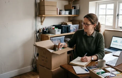 A small UK online shop owner checking orders at a desk in a home stockroom surrounded by parcel boxes, with a laptop showing sales charts.