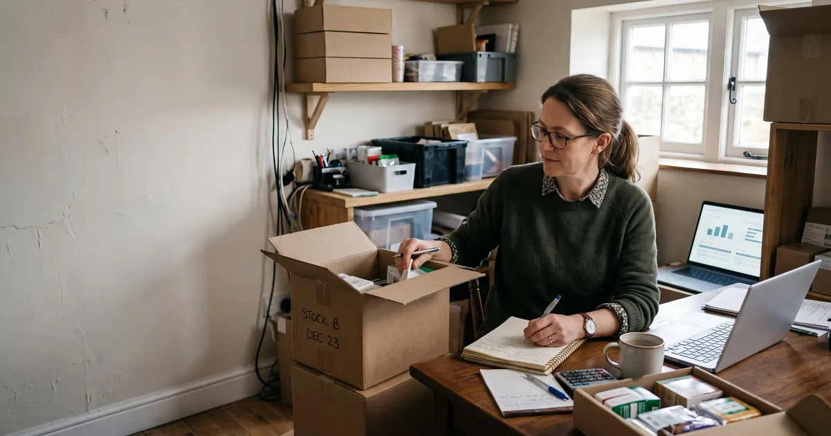 A small UK online shop owner checking orders at a desk in a home stockroom surrounded by parcel boxes, with a laptop showing sales charts.