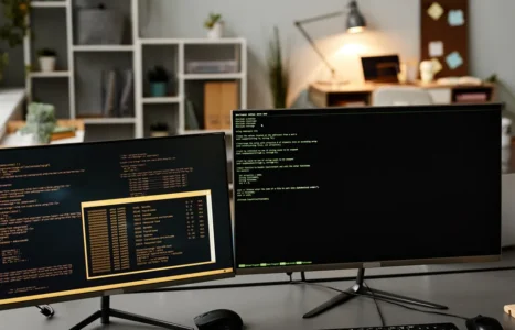 Two desktop monitors side by side in a bright office, both displaying lines of website code, illustrating a comparison of Shopify and WooCommerce SEO control.