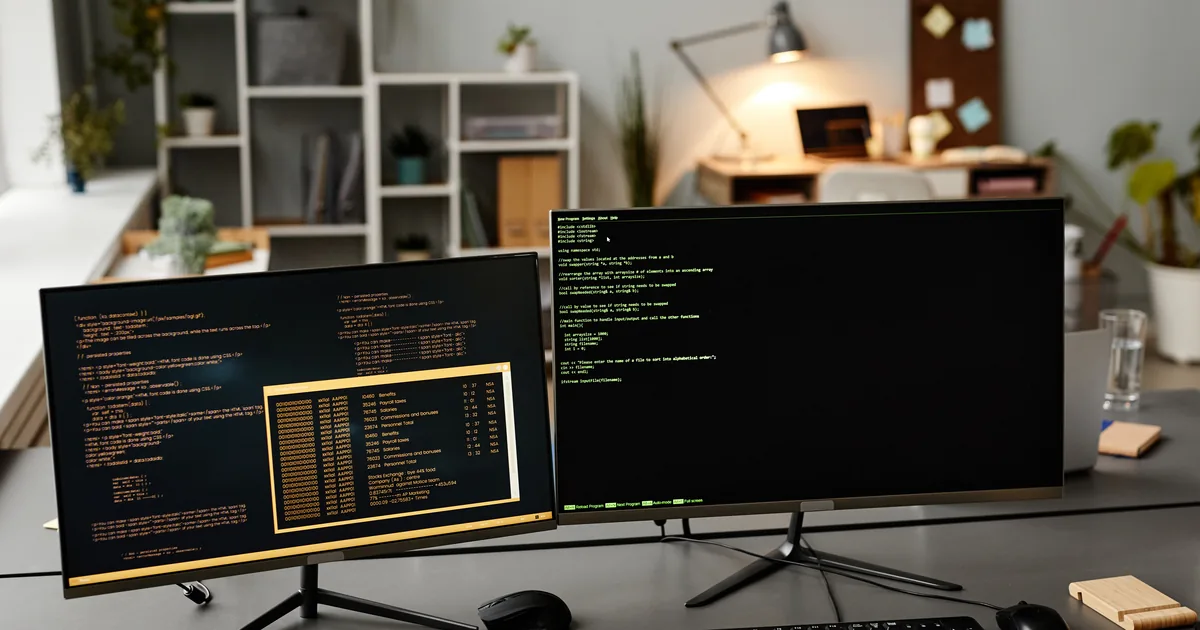 Two desktop monitors side by side in a bright office, both displaying lines of website code, illustrating a comparison of Shopify and WooCommerce SEO control.