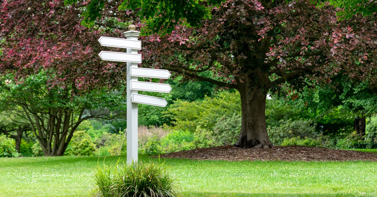 A white signpost with blank direction arrows pointing several ways, illustrating llms.txt as a set of signposts for AI agents.
