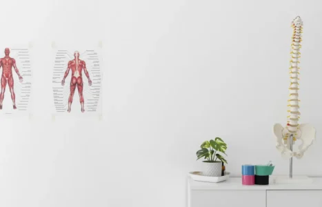 A physiotherapy clinic treatment room with a spine model on the table, illustrating AiBoost's analysis of SEO demand for UK physiotherapists and chiropractors.