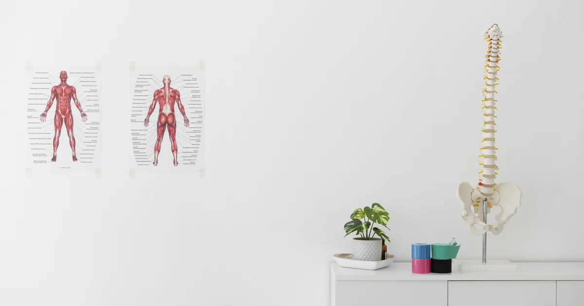 A physiotherapy clinic treatment room with a spine model on the table, illustrating AiBoost's analysis of SEO demand for UK physiotherapists and chiropractors.