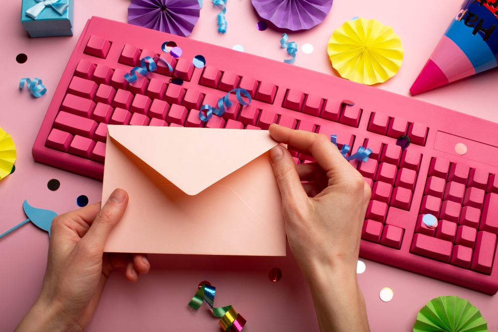 Hands opening a pink envelope on a desk with a keyboard and confetti